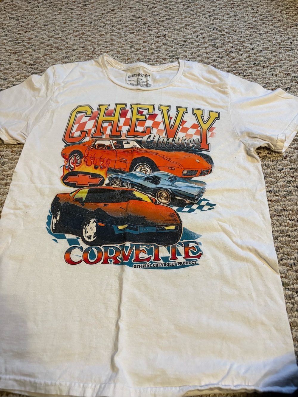Chemistry White Graphic Tee with Multicolor Corvette Artwork